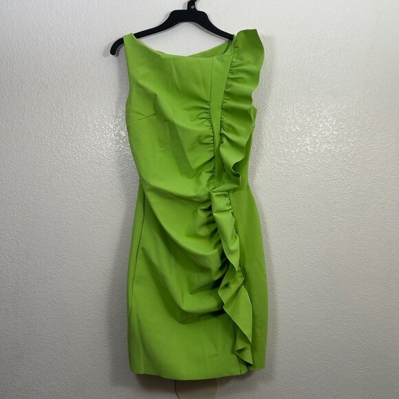 Chiara Boni Lime Green Ruched Ruffle Boatneck Scuba Sheath Dress Neon - Picture 2 of 7